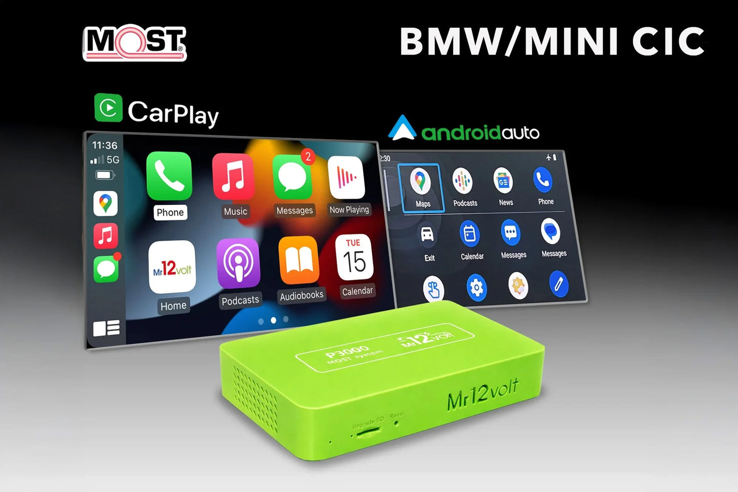 Mr12Volt MOST Bus BMW CIC CarPlay & AA Interface with OEM microphone support - BMW E8X 1 Series | E9X 3 Series | E6X 5 series | Mini Cooper R55-R61